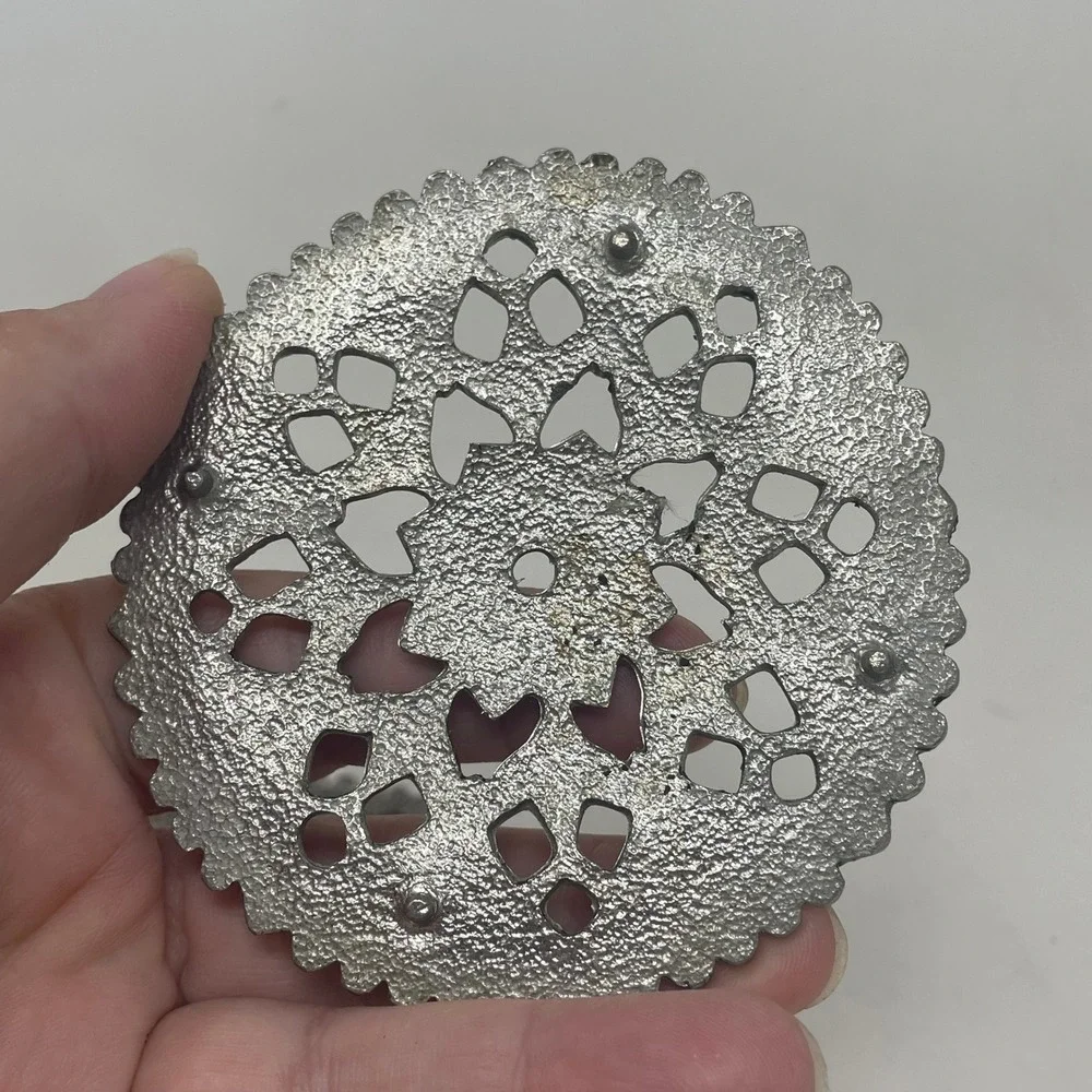 Vintage Silver Metal Filigree Mandala Coasters Set of 2 Ornate Boho Trivets 3in